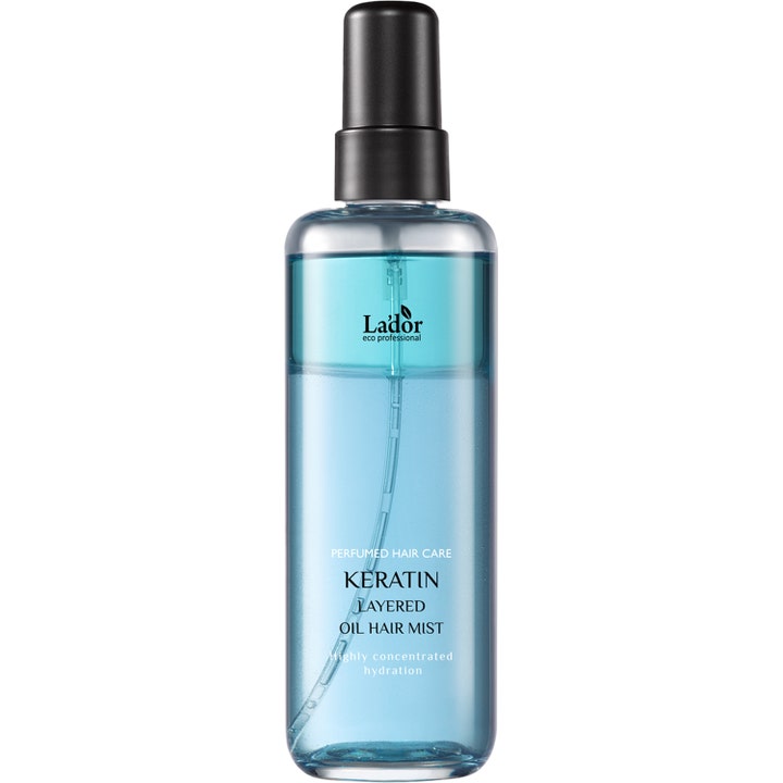 La'dor Keratin Layered Oil Hair Mist återfuktande hårolja i genomskinlig flaska med blå tvåfasvätska och svart pump