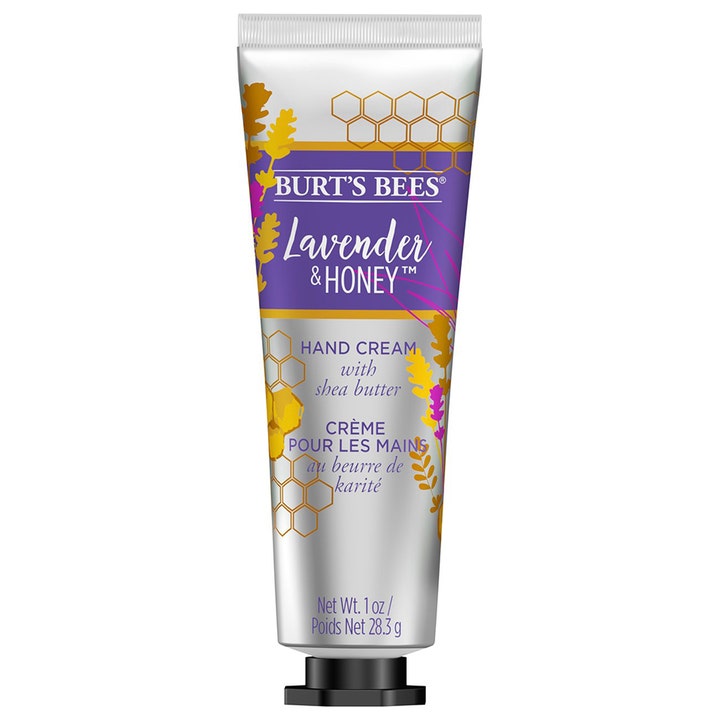 Burt's Bees Lavender & Honey 28,3 g handkräm med sheasmör i silverfärgad tub med lila och gula detaljer.