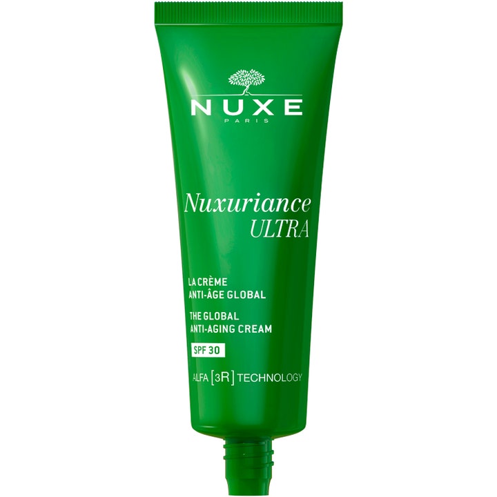 Nuxe Nuxuriance Ultra 50 ml anti-aging kräm med solskydd i en grön tub som ger fastare hy med SPF 30.