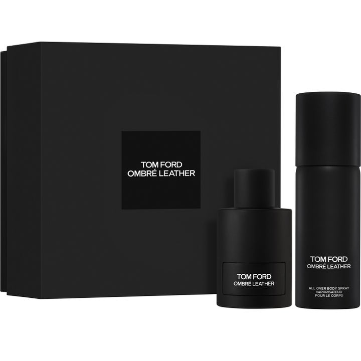 Tom Ford Ombre Leather gift set med edp 100ml och body spray i mattsvarta flaskor med en stilren svart box