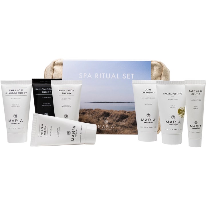 Maria Åkerberg SPA Ritual Kit 195 ml sparitual som ger lyster med sju vita och svarta tuber och beige necessär