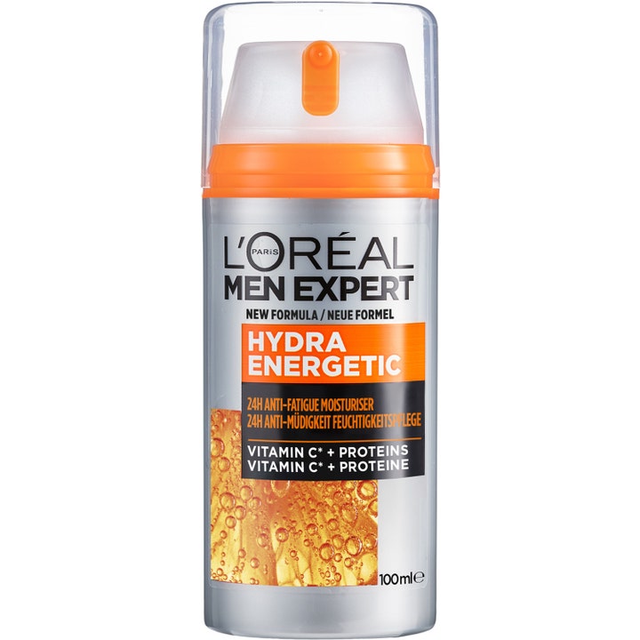 L'Oréal Men Expert Hydra Energetic 100ml återfuktande ansiktskräm som ger huden energi i silverfärgad pumpflaska med orange topp