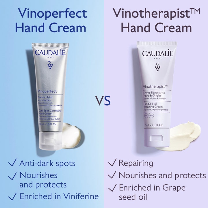 Caudalie Vinoperfect 50 ml handkräm mot mörka fläckar jämförs med Vinotherapist och visar krämig textur.