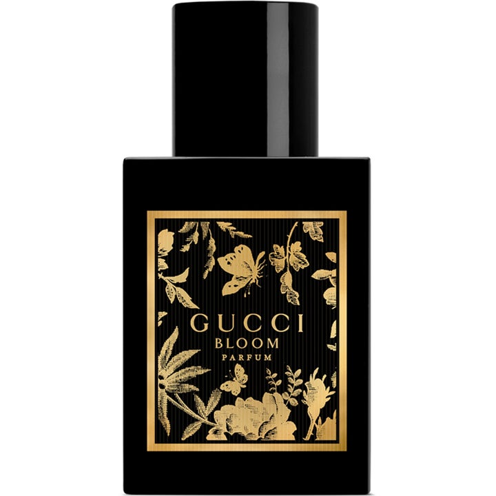 Gucci Bloom Parfum 30ml blommig parfym dam i en svart flaska med guldfärgad etikett med blommor och fjärilar