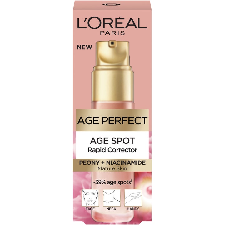 L'Oréal Paris Age Perfect Age Spot Rapid Corrector 30 ml serum mot åldersfläckar i ansiktet i rosa ytterförpackning.