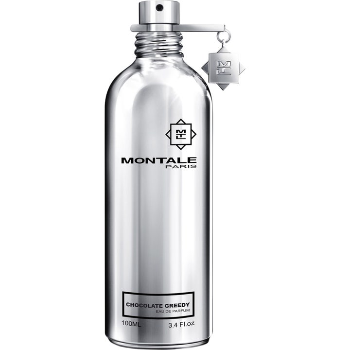 Montale Chocolate Greedy 100 ml Eau De Parfum i en blank silverfärgad aluminiumflaska med dekorativt hänge