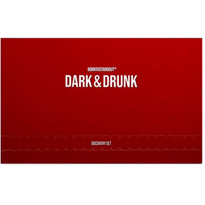BORNTOSTANDOUT Dark & Drunk Discovery Set parfymset för parfymutforskning i röd rektangulär box med vit text