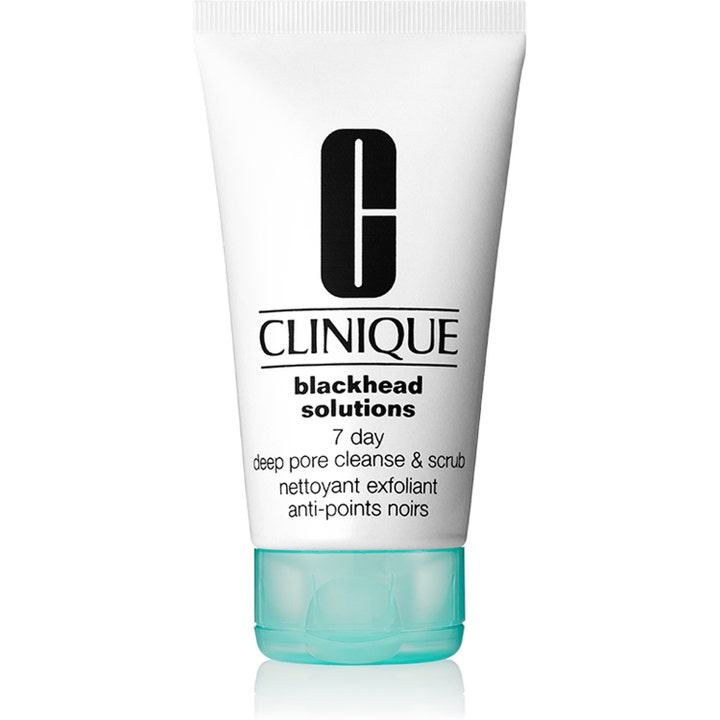 Clinique Blackhead Solutions 7 Day Deep Pore Cleanse & Scrub 125 ml djuprengörande ansiktsskrubb i vit tub med turkost lock