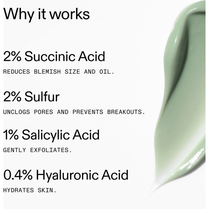 The INKEY List Succinic Acid Treatment 15 ml punktbehandling finnar visar ljusgrön krämig textur och ingredienser