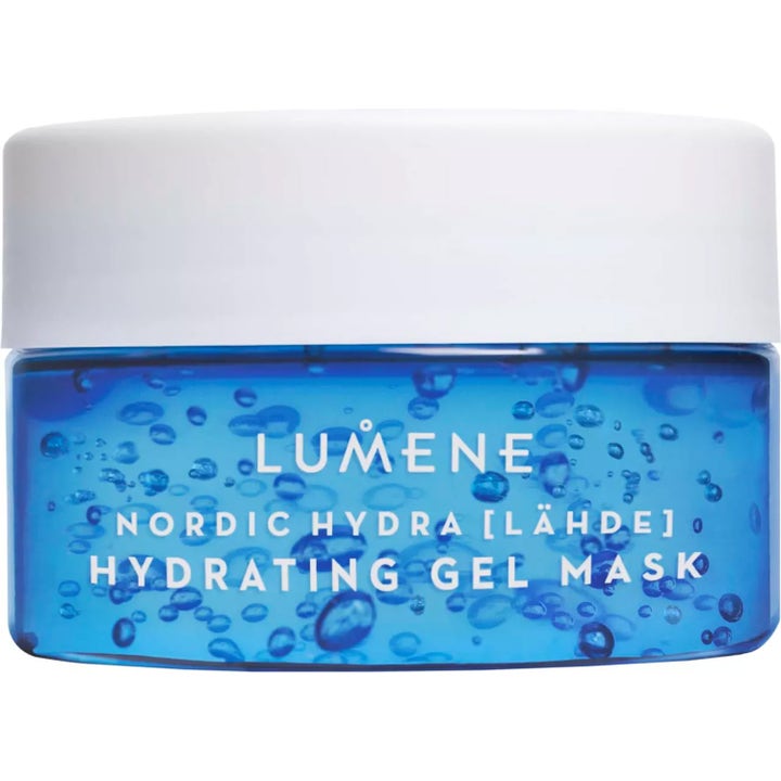 Lumene Nordic Hydra Lähde Hydrating Gel Mask återfuktande ansiktsmask i en blå burk med vitt lock och bubblig gel