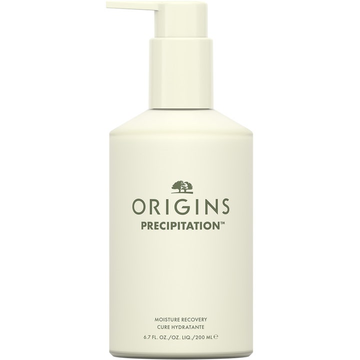 Origins Precipitation 200 ml fuktgivande lotion ger huden näring i en krämfärgad flaska med pump