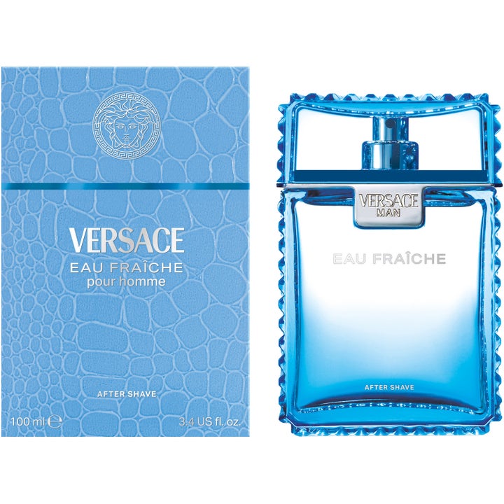 Versace Eau Fraiche 100ml after shave lugnande rakning i ljusblå glasflaska och krokodilmönstrad ask.