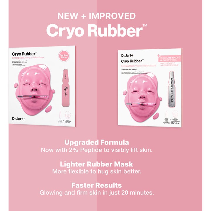 Dr.Jart+ Cryo Rubber Firming Mask 36 g ansiktsmask jämför gammal och ny förpackning med 2 % peptid.