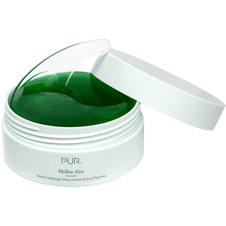 PÜR Mellow Eyes Rejuvenating Eye Patches 90 g återfuktande hydrogel eye patches i vit burk med gröna masker och spatel