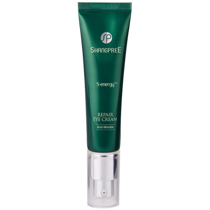Shangpree S-energy Repair Eye Cream reparerande återfuktande ögonkräm i en mörkgrön tub med genomskinlig pump.