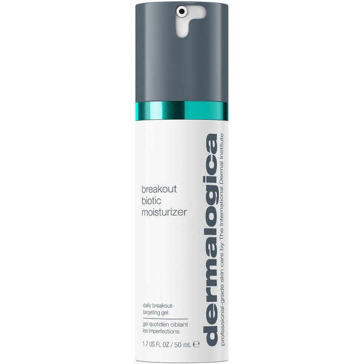 Dermalogica Breakout Biotic Moisturizer 50 ml återfuktande ansiktsgel mot orenheter i vit pumpflaska med turkos detalj