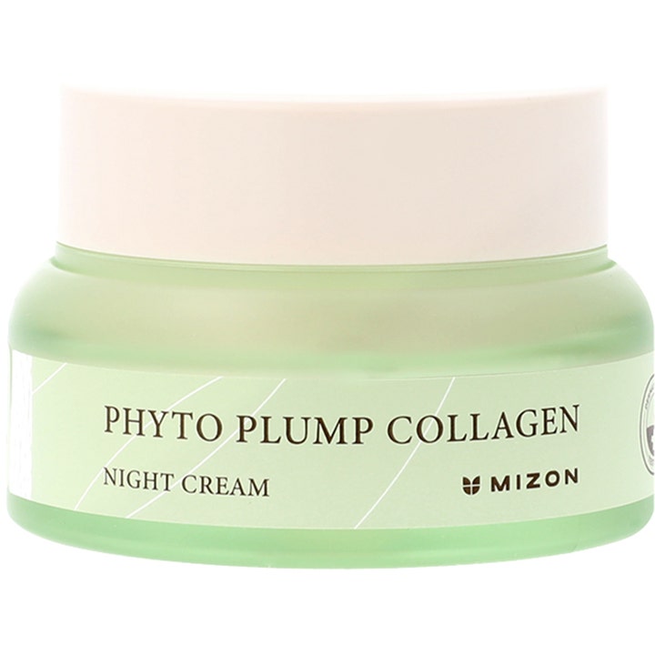 Mizon Phyto Plump Collagen Night Cream 50 ml fuktgivande kollagen nattkräm i en grön frostad glasburk.