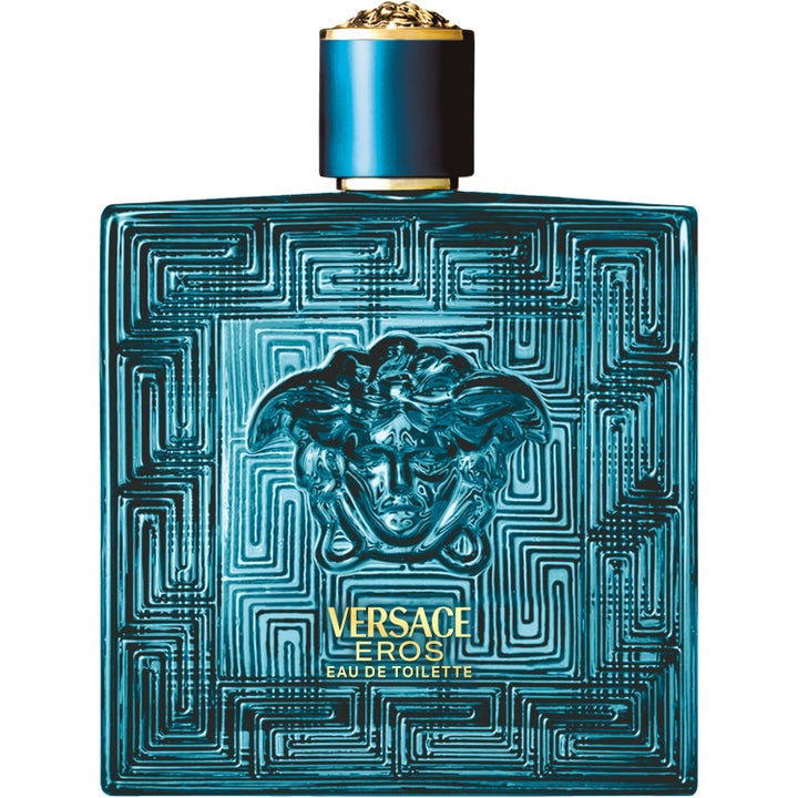 Versace Eros 200 ml eau de toilette herr designerparfym i turkos glasflaska med mönster och guldlock