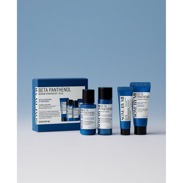 Some By Mi Beta Panthenol Repairs Starter Kit 90 ml barriärstärkande hudvårdskit i blå box med flaskor och tuber