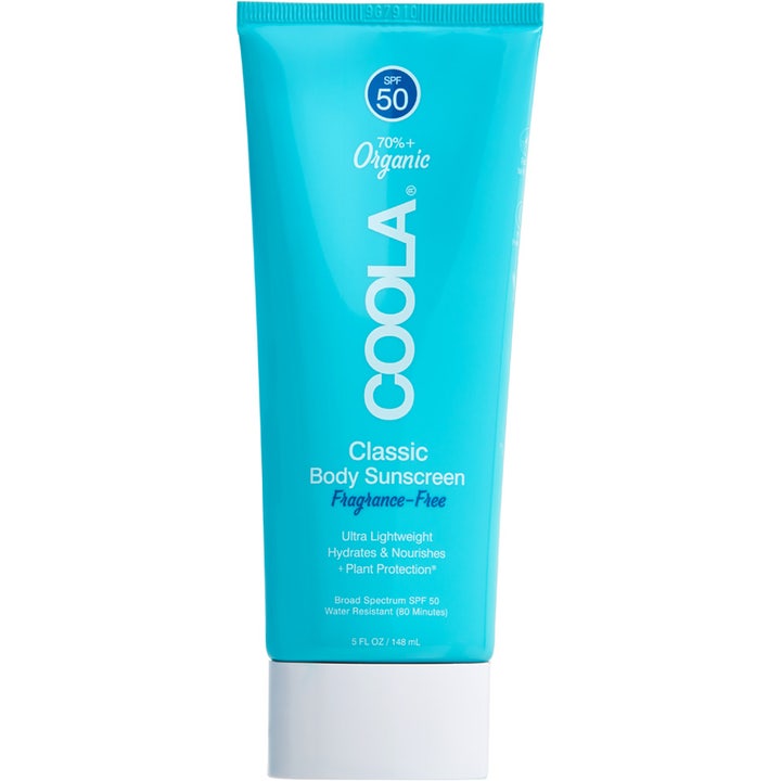 Coola Classic Body Sunscreen Fragrance-Free 148 ml ekologisk bodylotion med solskydd spf50 i en turkos tub med vitt lock