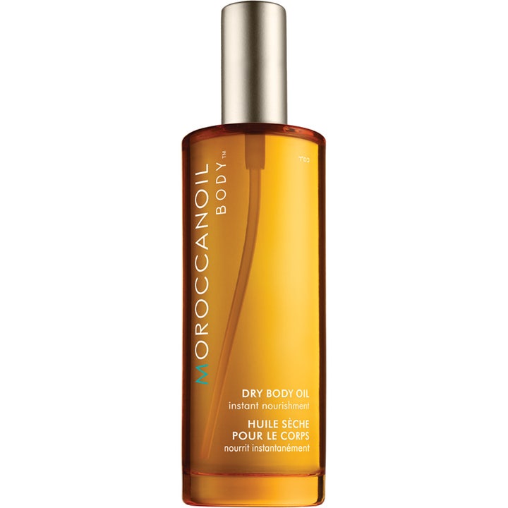 Moroccanoil Dry Body Oil arganolja kroppsolja för torr hud i bärnstensfärgad flaska med silvrigt spraymunstycke