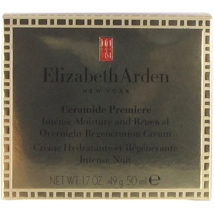 Elizabeth Arden Ceramide Premiere 50 ml återfuktande nattkräm med ceramider i lyxig guldbox med mönstrad ram.
