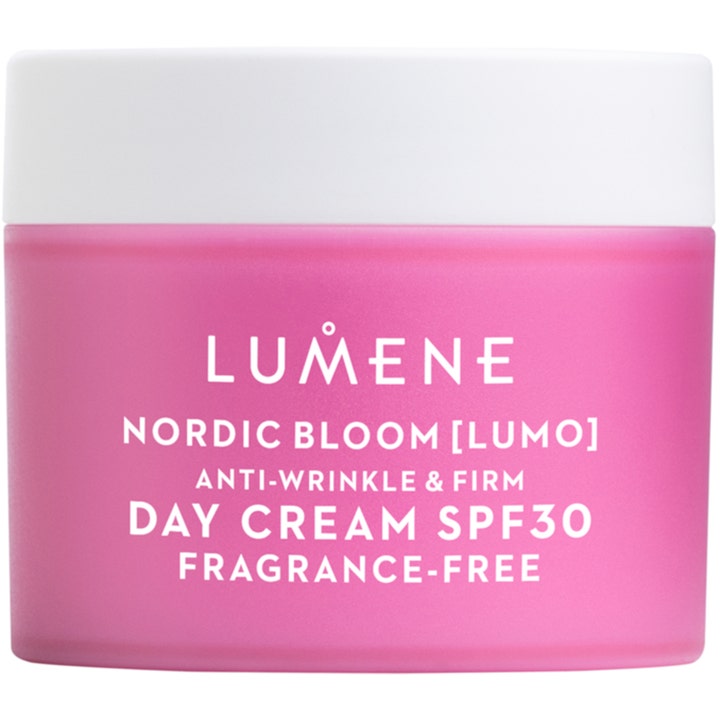 Lumene Nordic Bloom Lumo Day Cream SPF30 50ml anti-age dagkräm med solskydd i rosa frostad glasburk med vitt lock