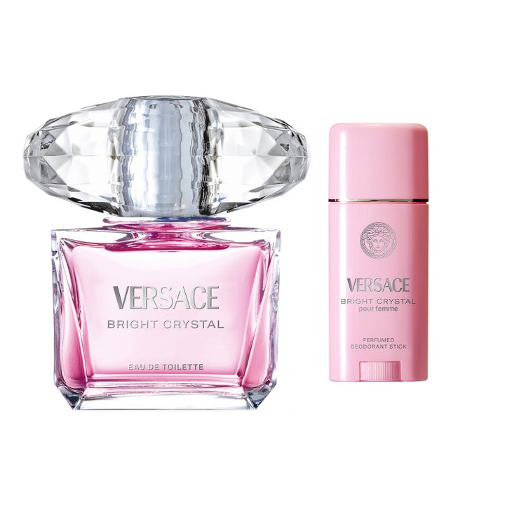 Versace Bright Crystal Set 140 ml parfymset dam med rosa glasflaska med stor slipad kork och rosa deodorantstick