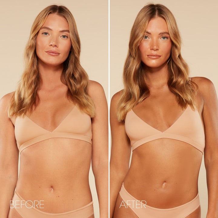St.Tropez Self Tan Ultra Dark Violet Bronzing Mousse 200 ml före och efter bild med brun utan sol mousse för djup brun