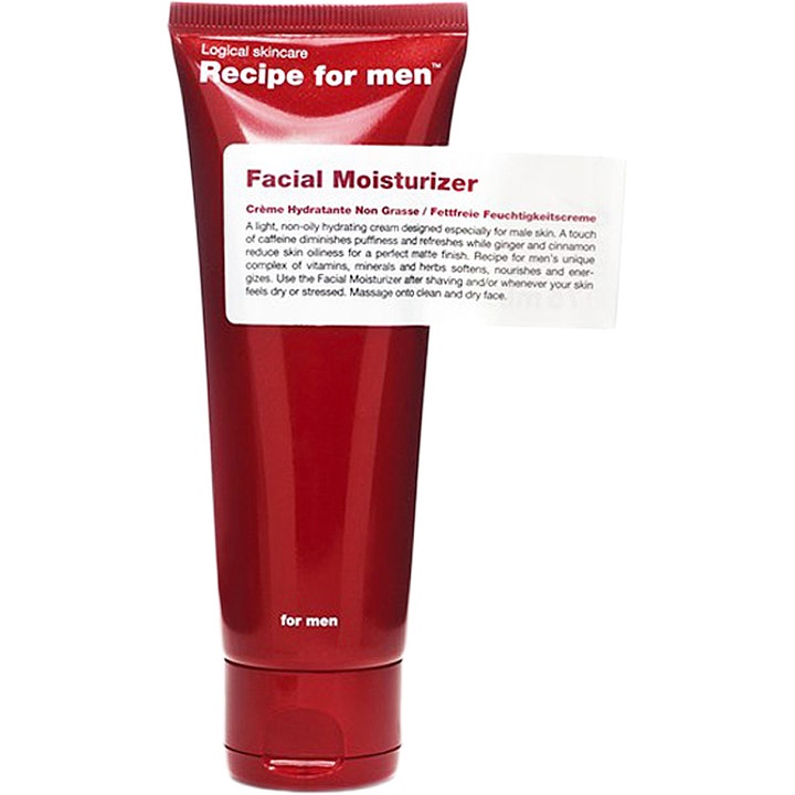 Recipe for men Facial Moisturizer matt återfuktande ansiktskräm i en mörkröd plasttub med vit etikett och snäpplock