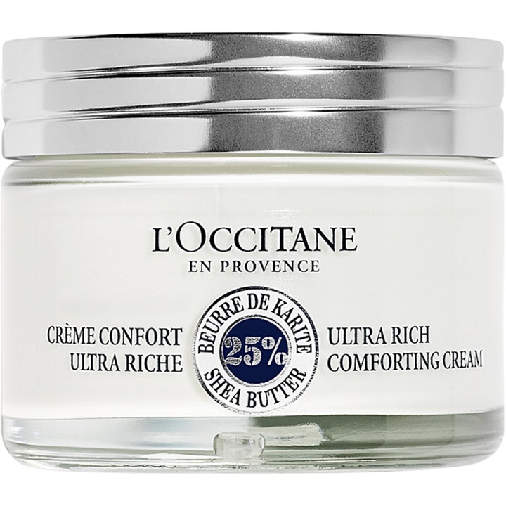 L'Occitane Shea Ultra Rich Comforting Cream fuktgivande shea kräm för torr hud i en genomskinlig glasburk med silverlock