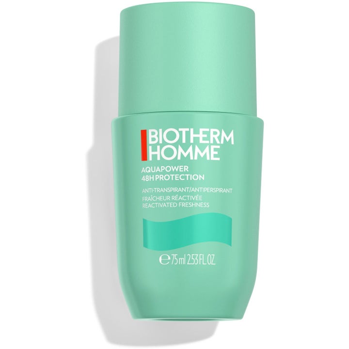 Biotherm Homme Aquapower 75 ml roll-on deodorant ger 48h skydd i en mintgrön flaska med grafisk vågdetalj.