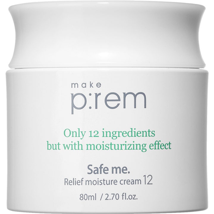 make p:rem Safe me. Relief moisture cream 12 80 ml återfuktande ansiktskräm i en stilren vit burk med matchande vitt lock