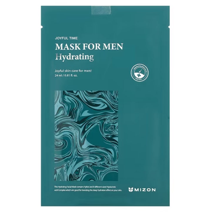 Mizon Joyful Time Mask For Men 24 ml återfuktande mask för män i mörkgrön förpackning med blått marmormönster.