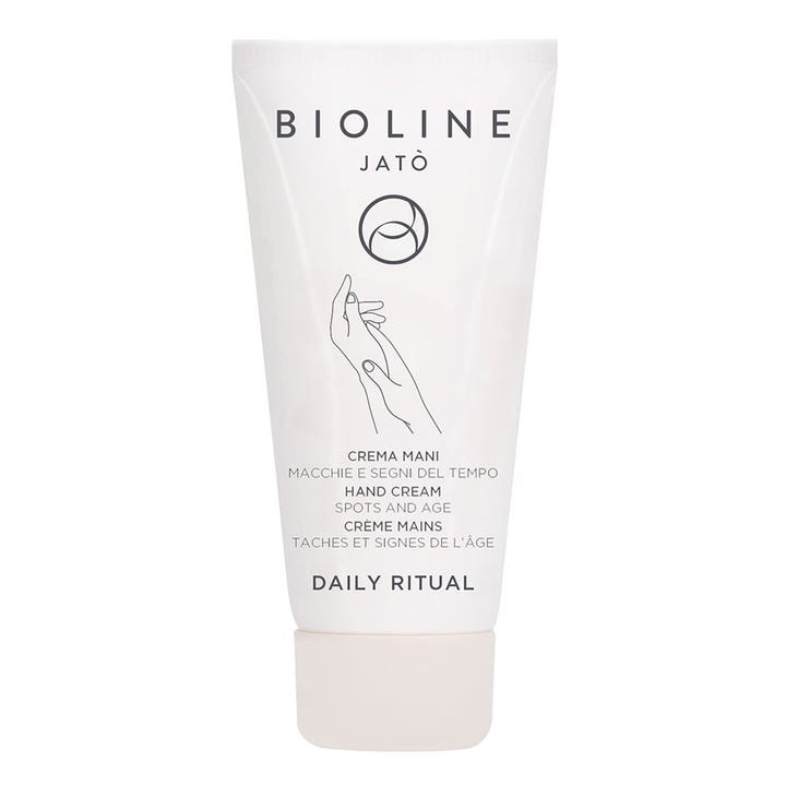 Bioline Jatò Daily Ritual Hand Cream 100 ml mot pigmentfläckar i en vit tub med illustration av händer
