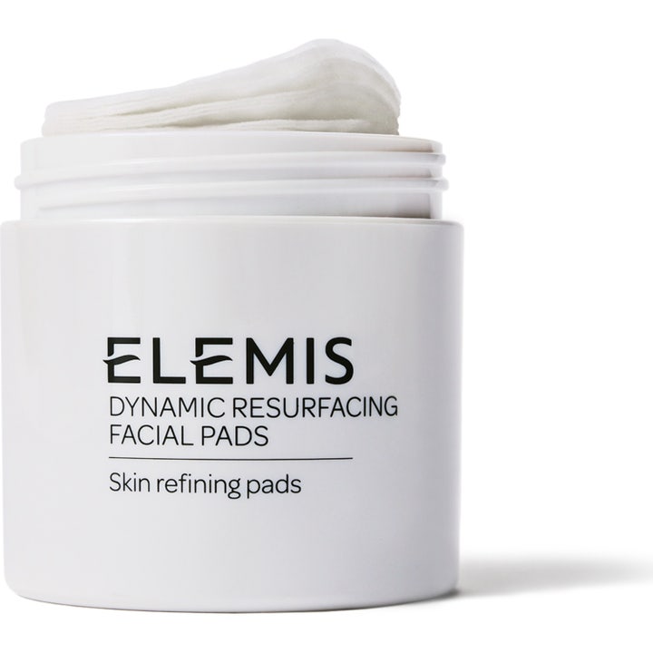 Elemis Dynamic Resurfacing Facial Pads 60 st enzym exfoliering mot ojämn hudton i en vit plastburk med vita rondeller.