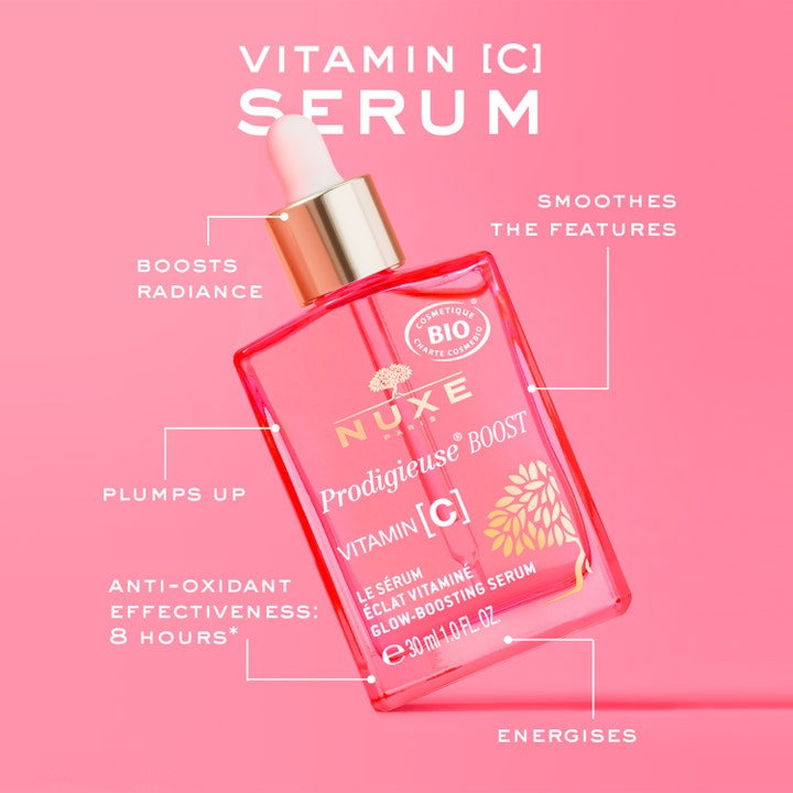 Nuxe Prodigieuse Boost Vitamin C Glow Boosting Serum 30 ml lystergivande c-vitamin serum ansiktet i rosa glasflaska