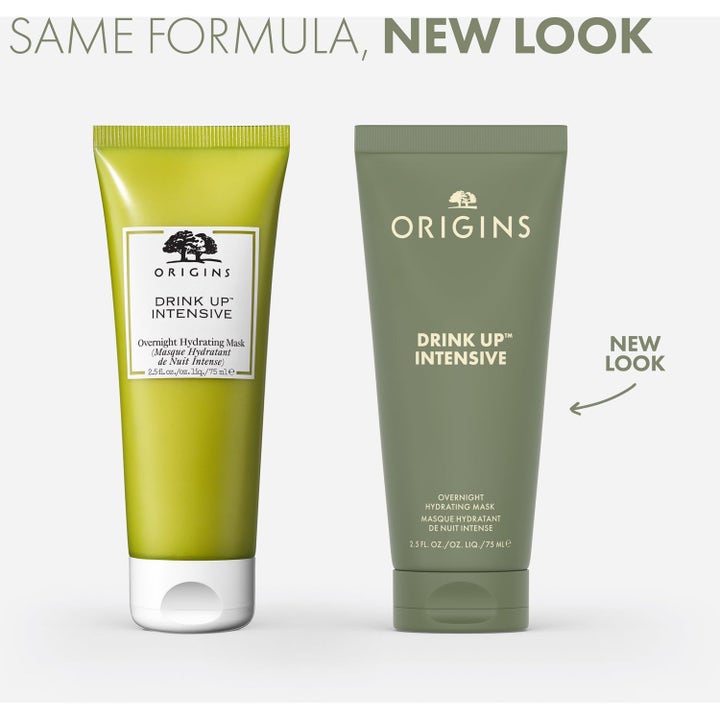 Origins Drink Up Intensive 75 ml fuktgivande nattmask i gammal limegrön tub och ny matt olivgrön design