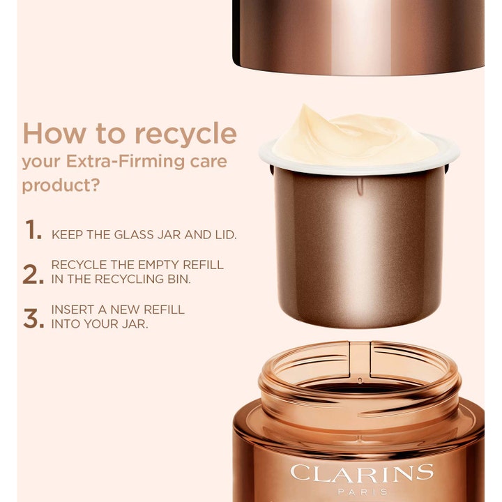 Clarins Extra-Firming Jour 50 ml lyftkräm extra-firming med synlig krämig textur och refill-system i glasburk.