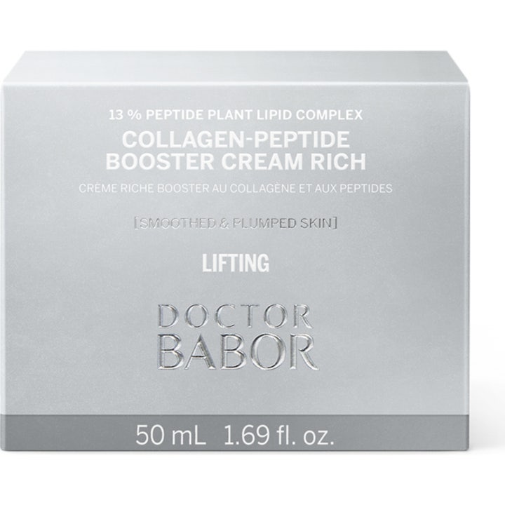 Babor DOC Collagen-Peptide Booster Cream Rich 50 ml i silverförpackning ger kollagenstöd för rynkreducering.