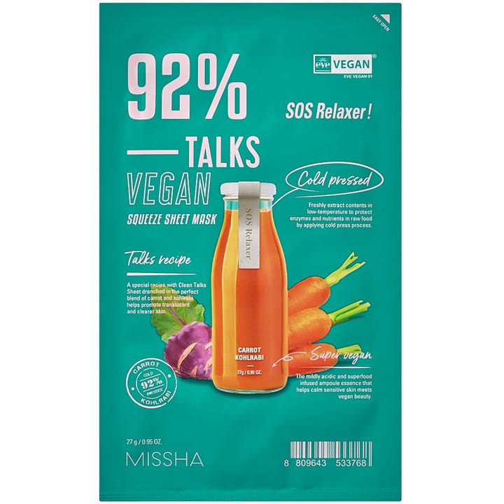 Missha Talks Vegan Squeeze Sheet Mask 27 g lugnande mask i turkos förpackning dekorerad med morot och kålrabbi