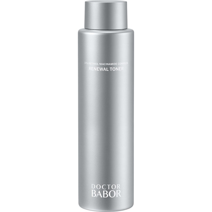 Doctor Babor Renewal Toner förnyande retinol toner i en stilren silverfärgad flaska med matchande lock.