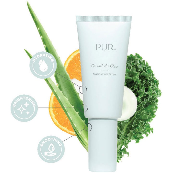 PÜR Go With The Glow Niacinamide Drops 30 ml återfuktande PÜR ansiktsserum i vit tub med aloe vera och apelsin