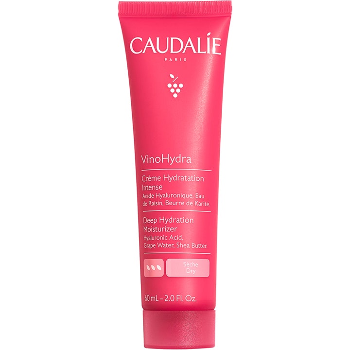 Caudalie VinoHydra 60 ml djup återfuktande ansiktskräm i en klarrosa plasttub med vita detaljer och matchande lock
