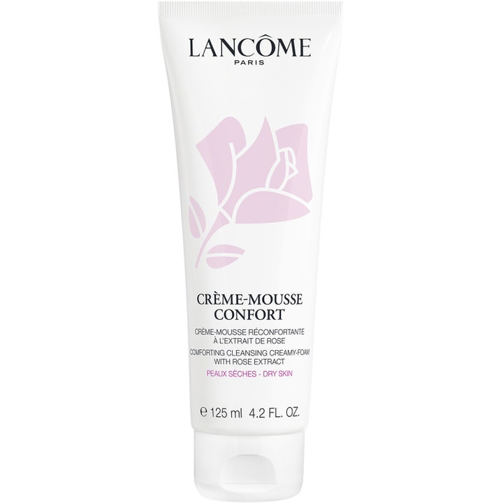 Lancôme Crème-Mousse Confort 125 ml rosenextrakt ansiktsrengöring i vit tub med illustration av en rosa ros.