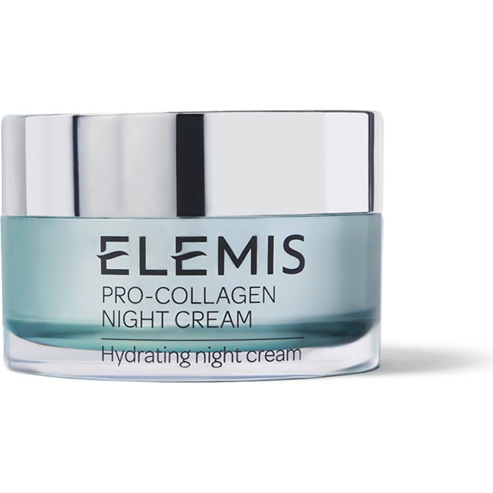 Elemis Pro-Collagen Night Cream 50 ml återfuktande anti-aging nattkräm i ljusblå glasburk med silverlock