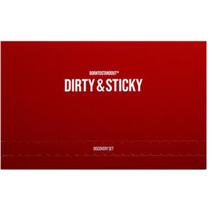 BORNTOSTANDOUT Dirty & Sticky Discovery Set parfymset i en stilren röd box med vit minimalistisk text.