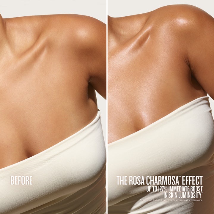 Sol de Janeiro Rosa Charmosa Dewy Cream 240 ml body lotion ger lyster i en före och efter-bild på hud.