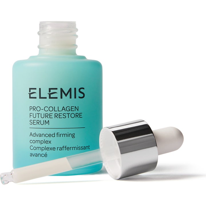 Elemis Pro-Collagen Future Restore Serum uppstramande ansiktsserum i ljusblå frostad flaska med silverfärgad pipett