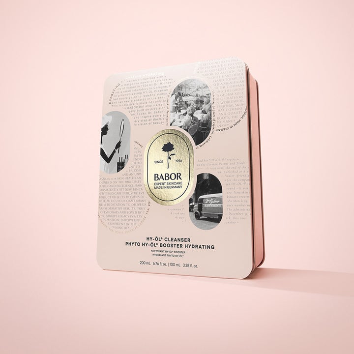 Babor Anniversary Set HY-ÖL & Phyto Hydrating 300 ml återfuktande hudvårdskit i rosa plåtask med vintagebilder.